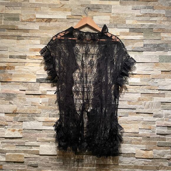 Vintage Frederick’s Hollywood Black Lace Ruffle Robe | OS Boudoir Kimono Y2K - Picture 4 of 8